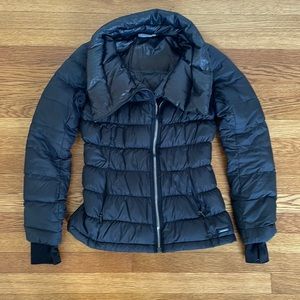Athleta black puffs jacket with asymmetric zip